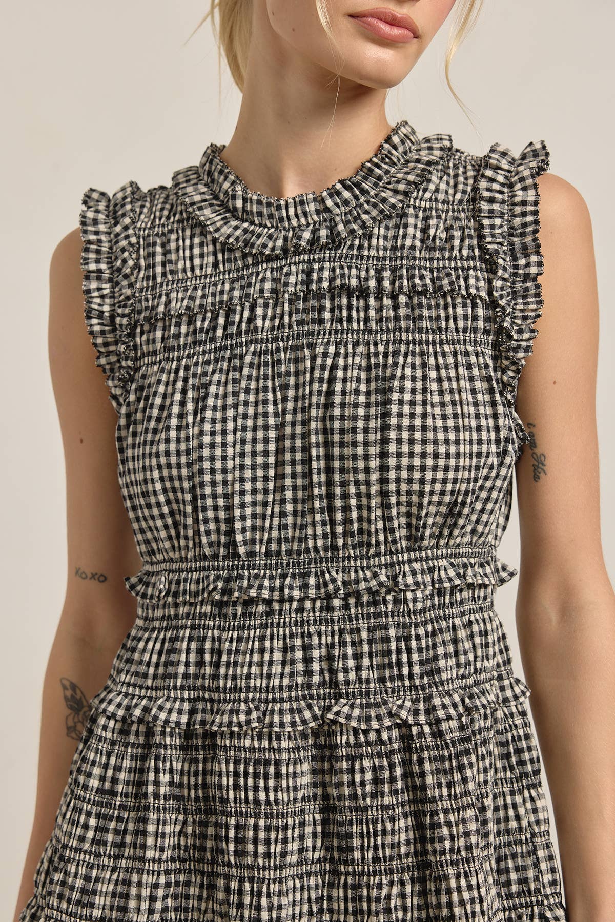 Geschmocktes Gingham Maxi Kleid