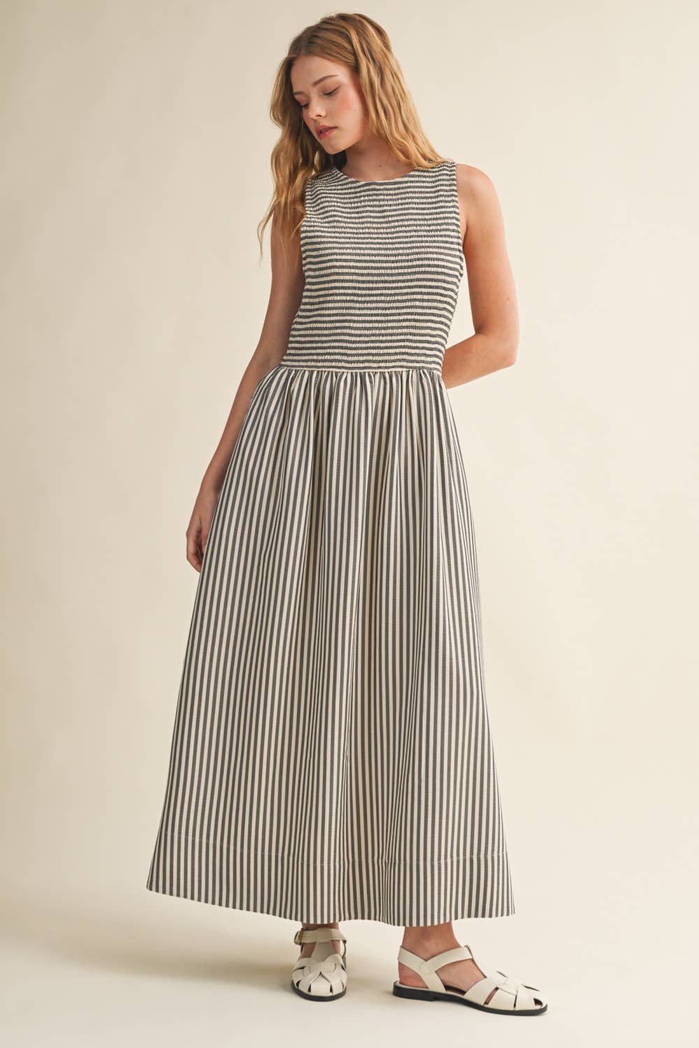 Streifengewebe Smocking Top Long Dress