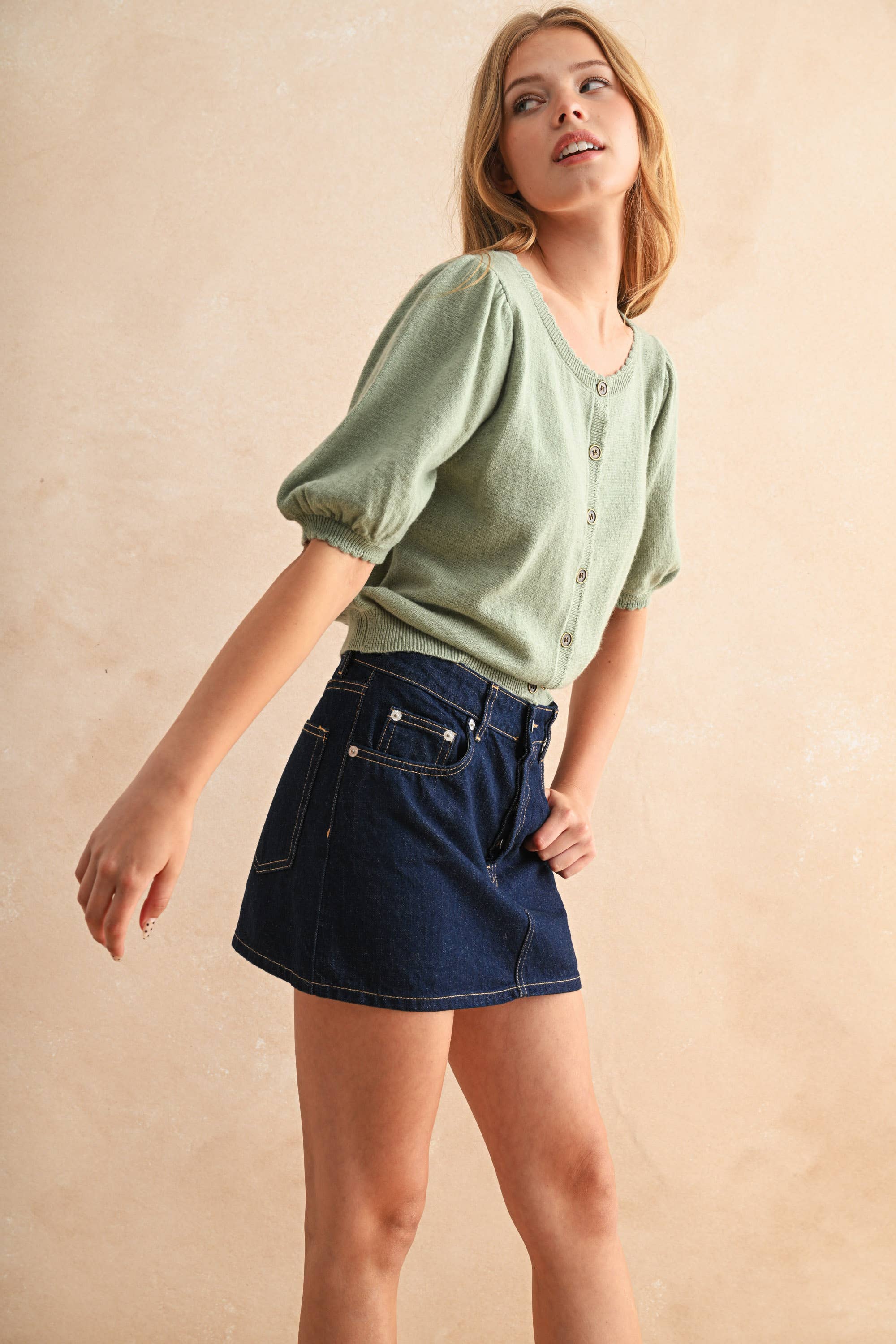 Puff Kurzarm Button Down Strick Cardigan