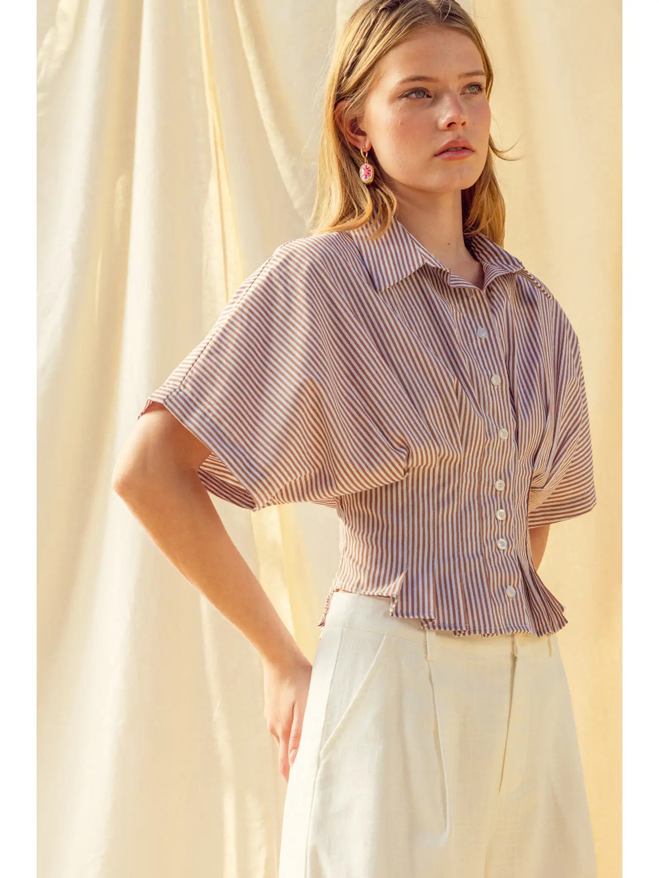 Stripe Button Front Shirt mit Pleated Taille Detail