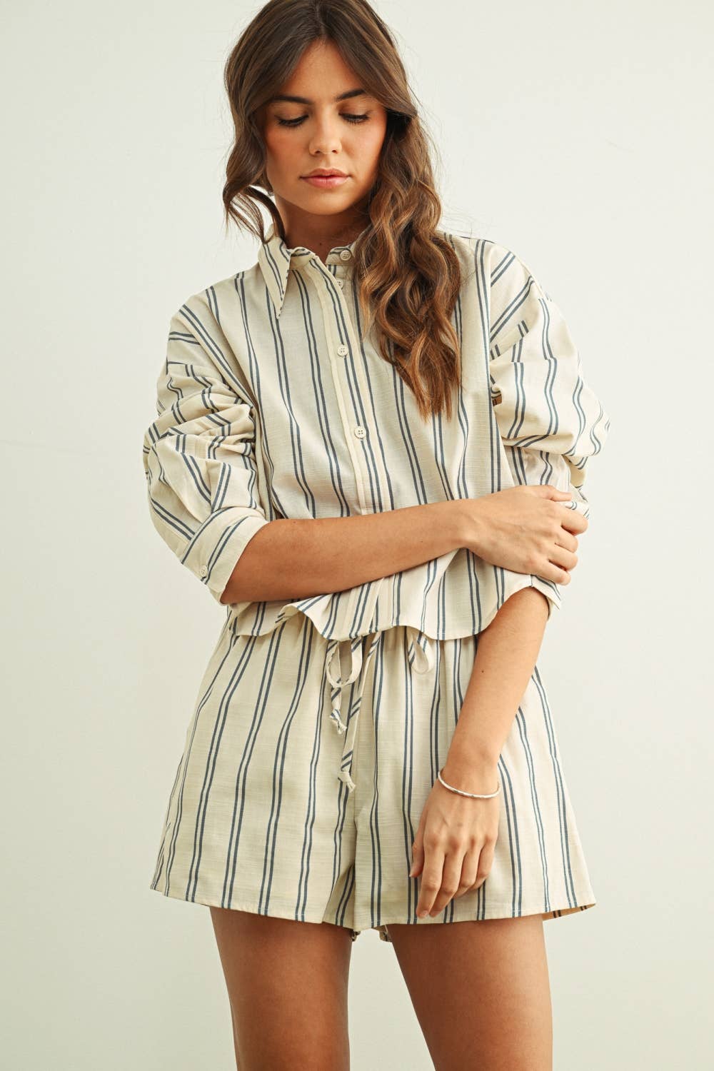 Striped Button Front Kurzarmband Shirt