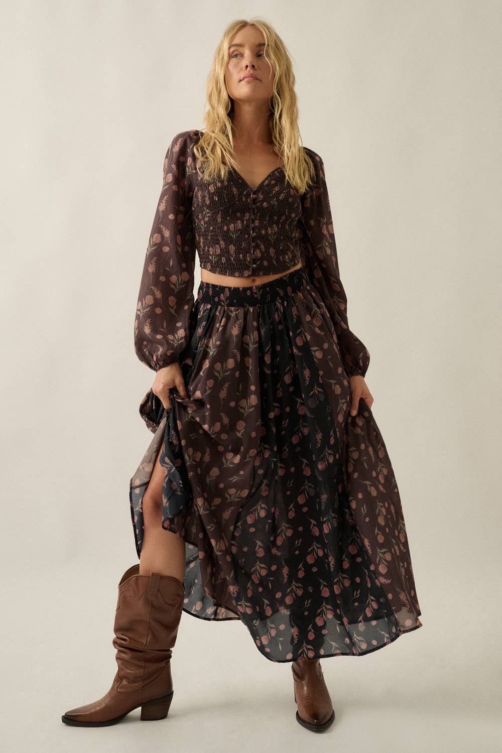 Blumen-Print gewebt Elastic-Waist Gathered Maxi Rock