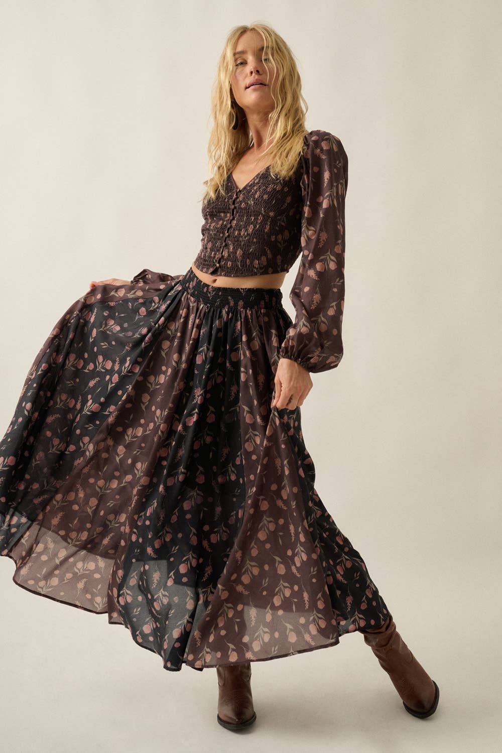 Blumen-Print gewebt Elastic-Waist Gathered Maxi Rock