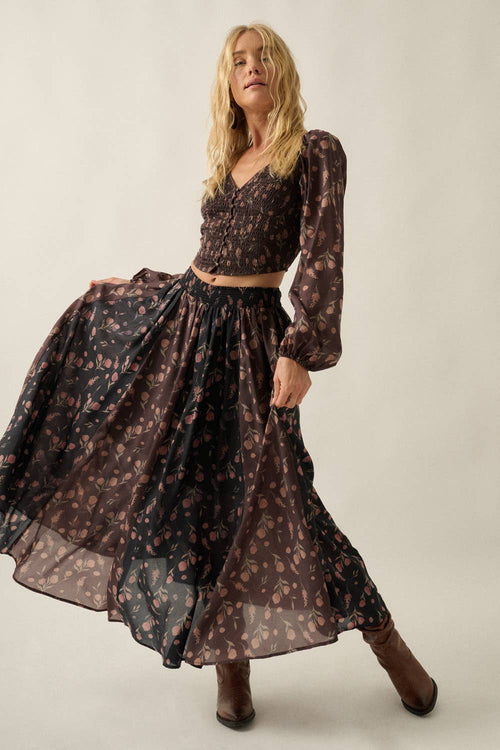 Blumen-Print gewebt Elastic-Waist Gathered Maxi Rock