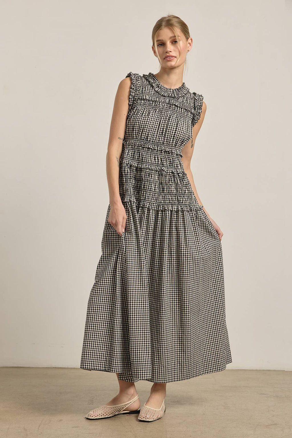 Geschmocktes Gingham Maxi Kleid
