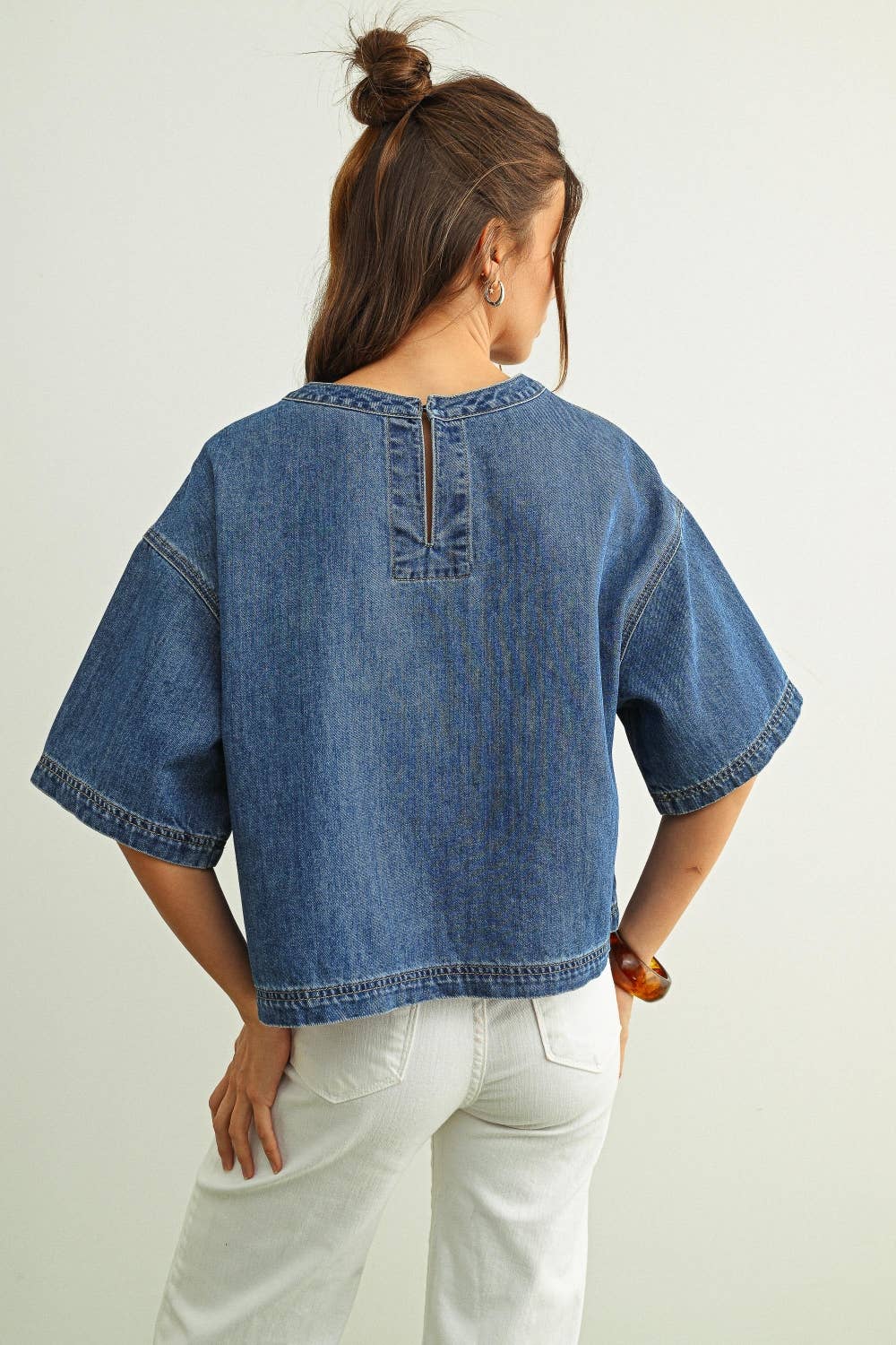 Round Neck Kurzarm Denim Top