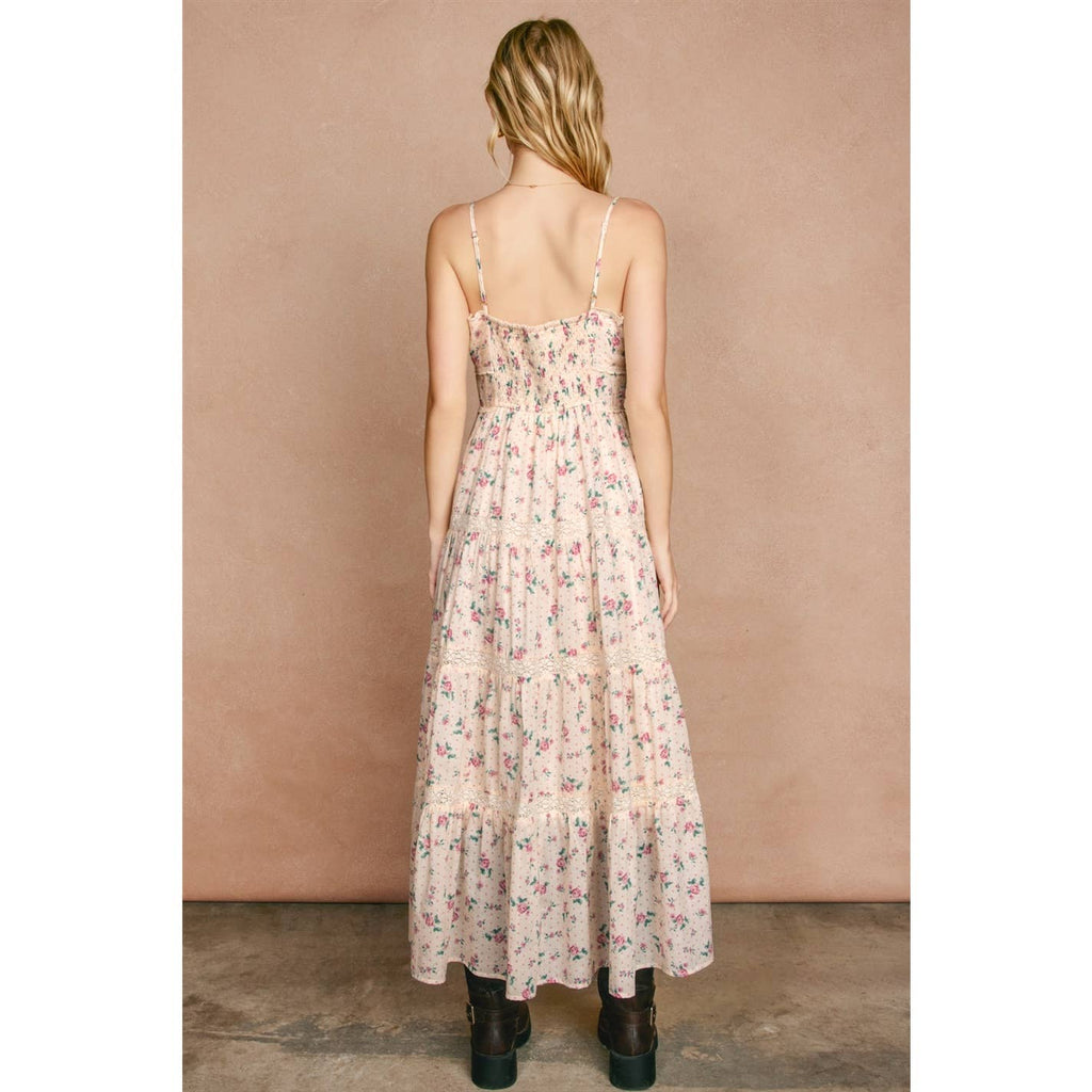 Blumen Polka Dot Lace Trim Tiered Maxi Kleid