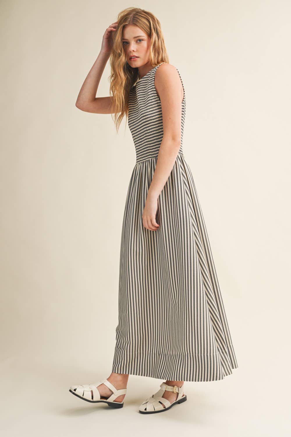 Streifengewebe Smocking Top Long Dress