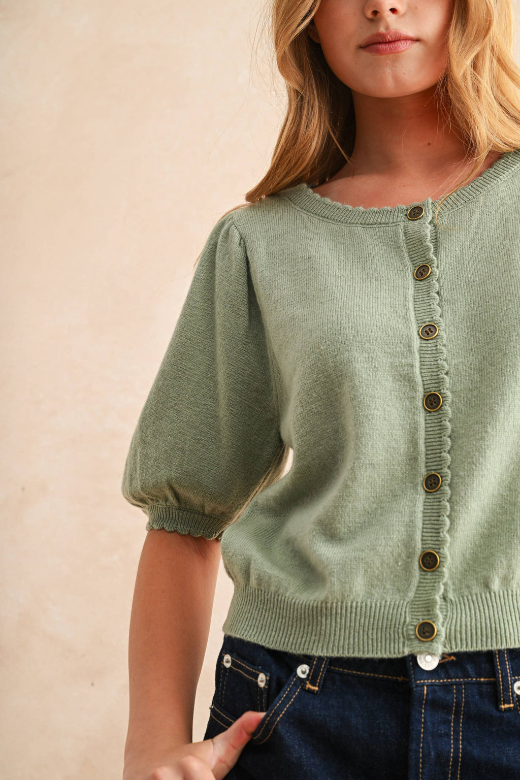 Puff Kurzarm Button Down Strick Cardigan