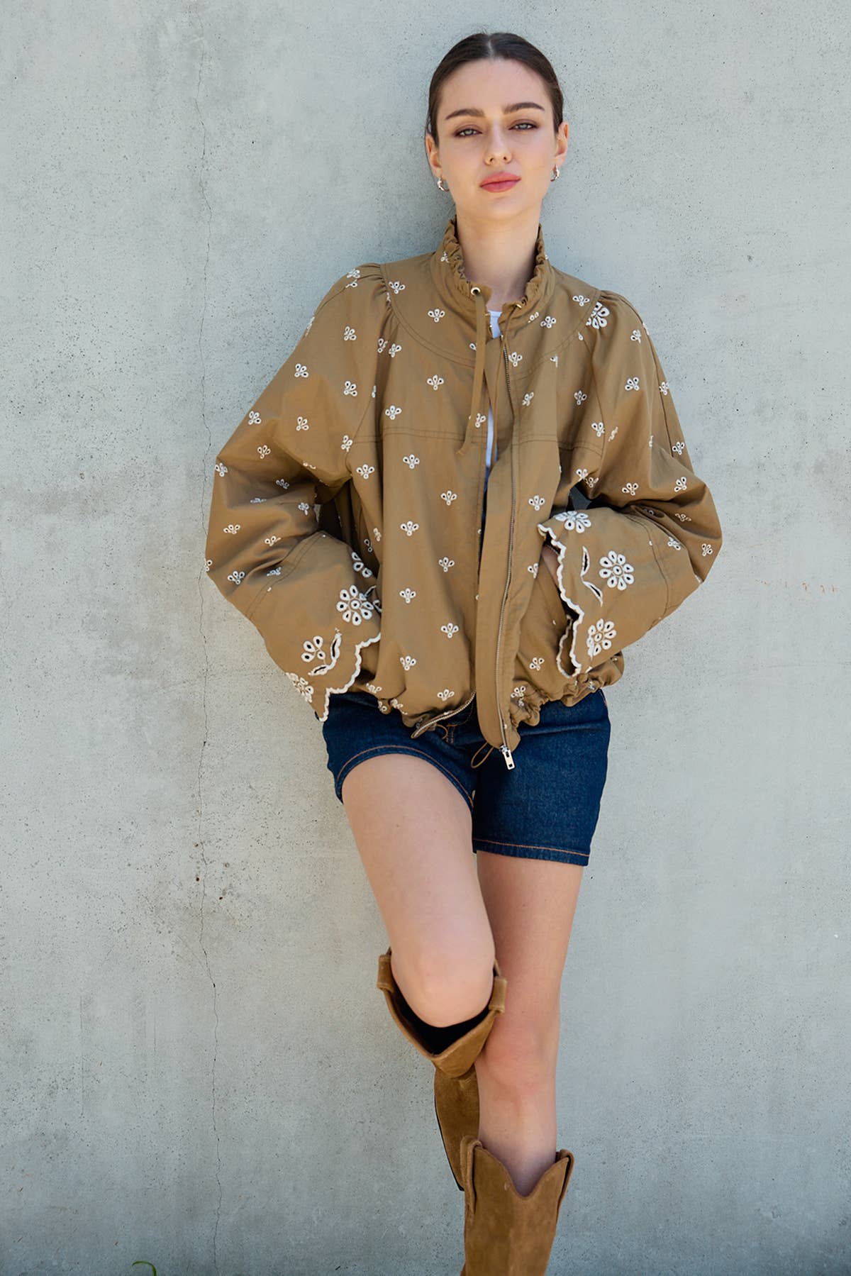 Bestickte Detail Zip-Up Jacke