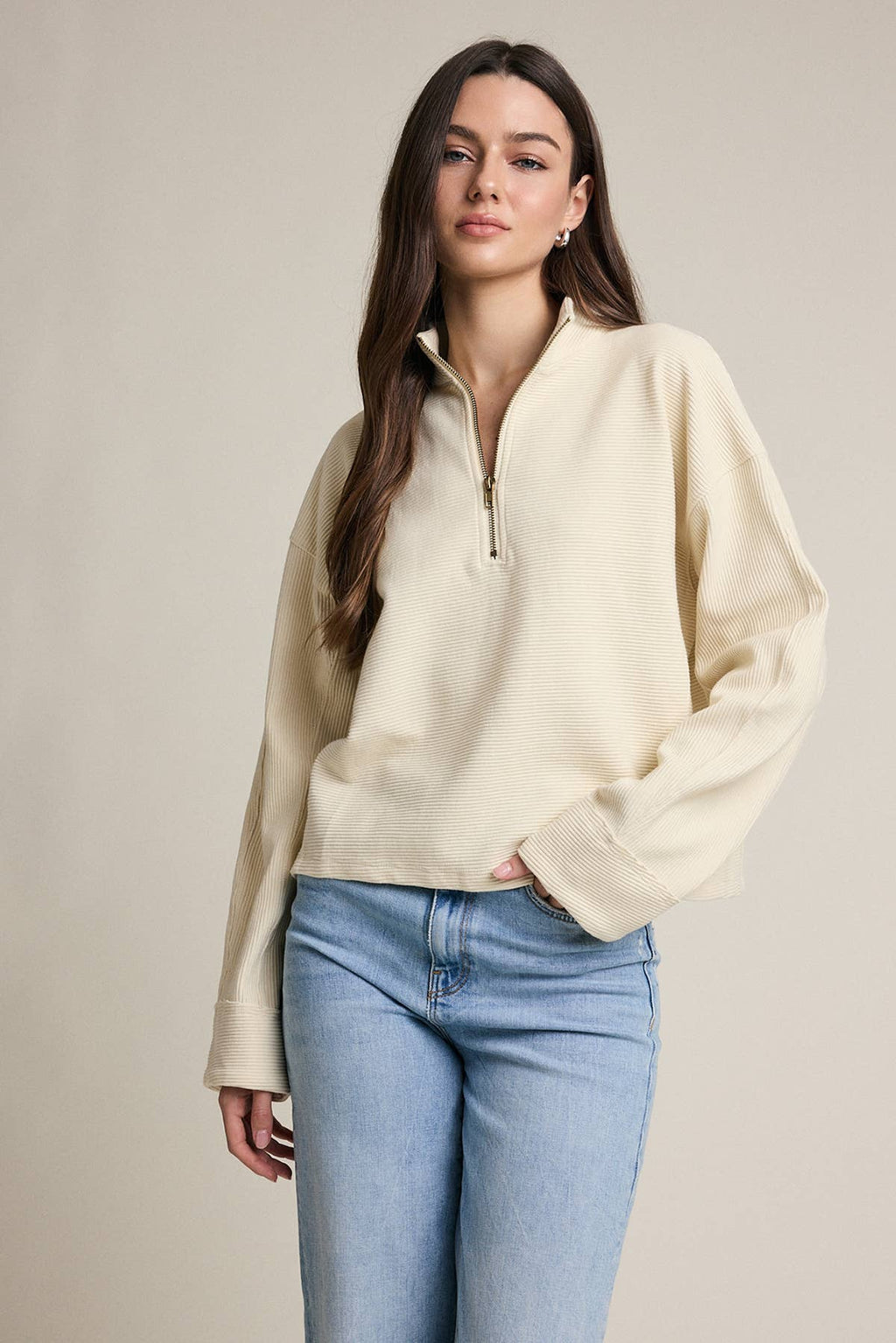 Texturierte Half Zip Pullover Top