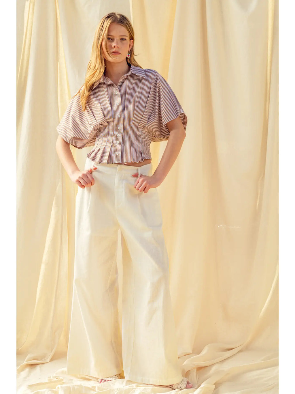 Stripe Button Front Shirt mit Pleated Taille Detail