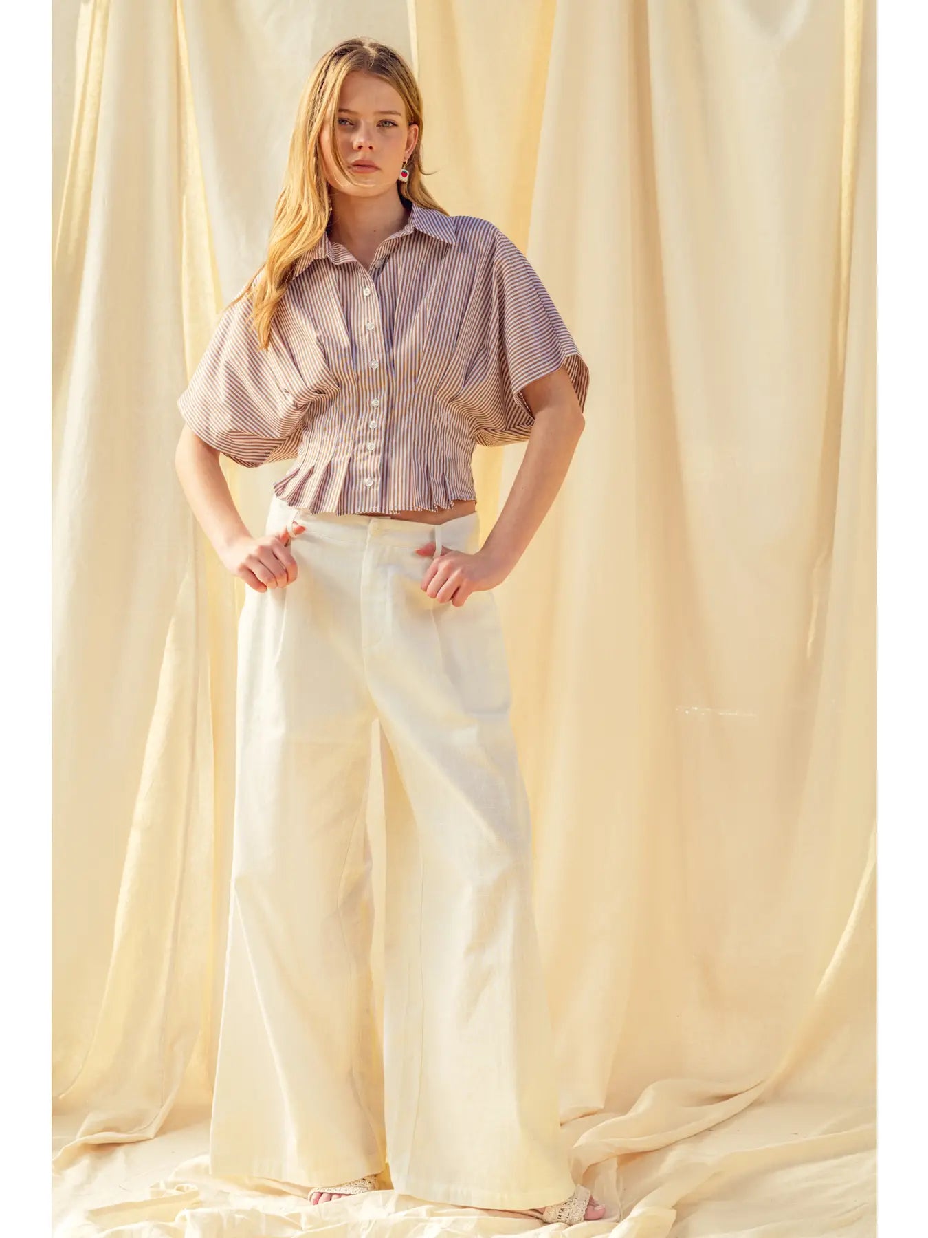 Stripe Button Front Shirt mit Pleated Taille Detail