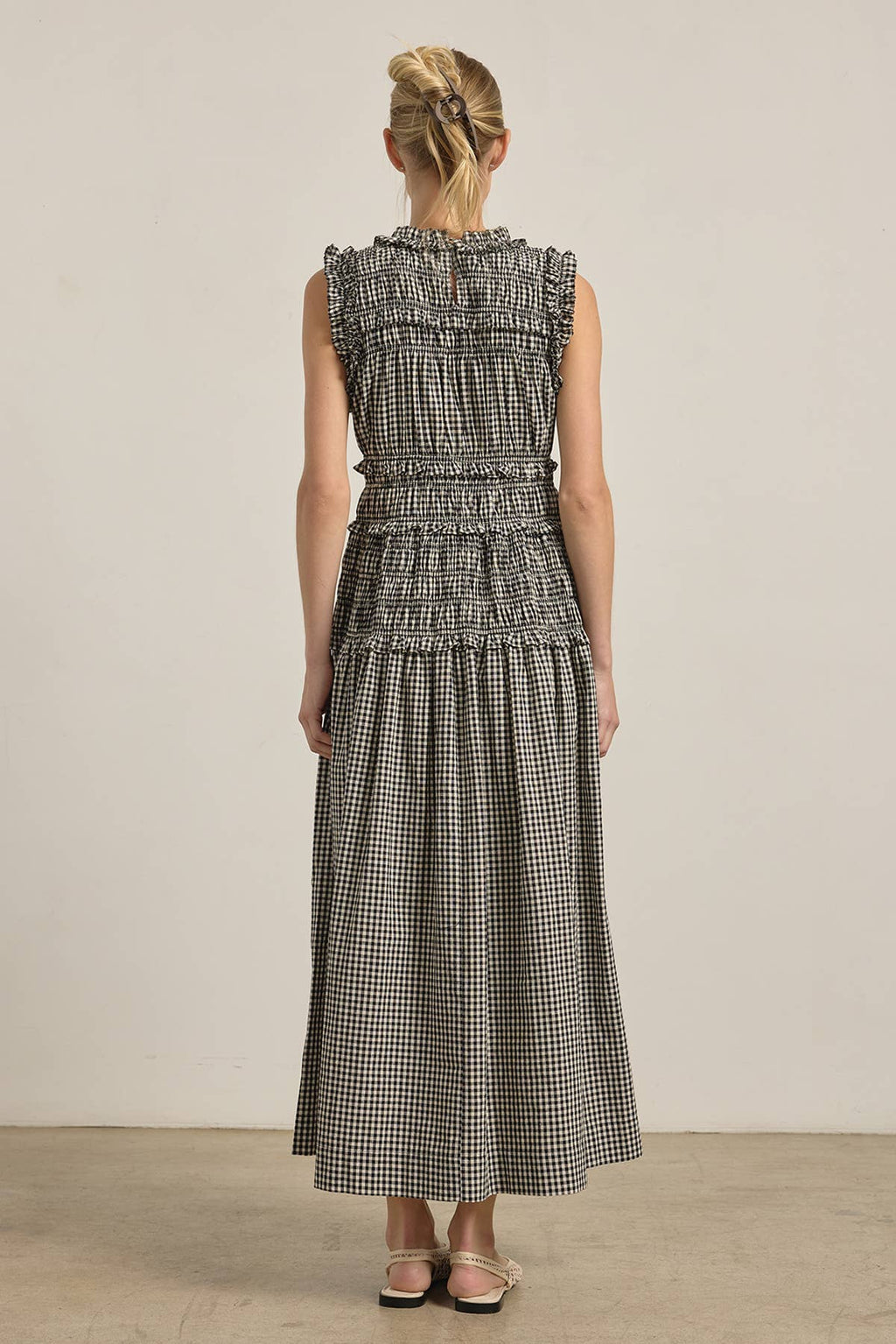 Geschmocktes Gingham Maxi Kleid
