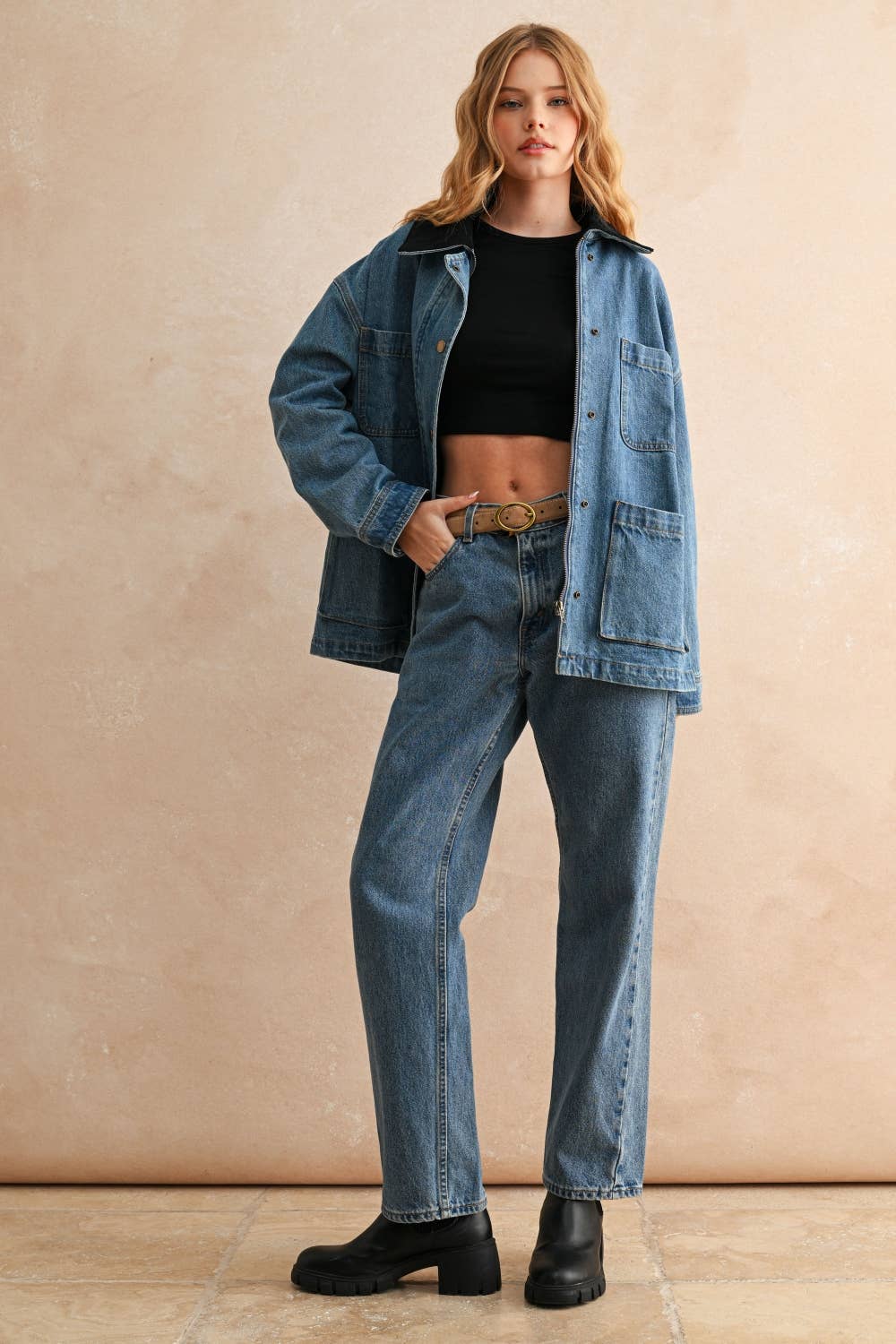 Corduroy Collar Denim Utility Jacke