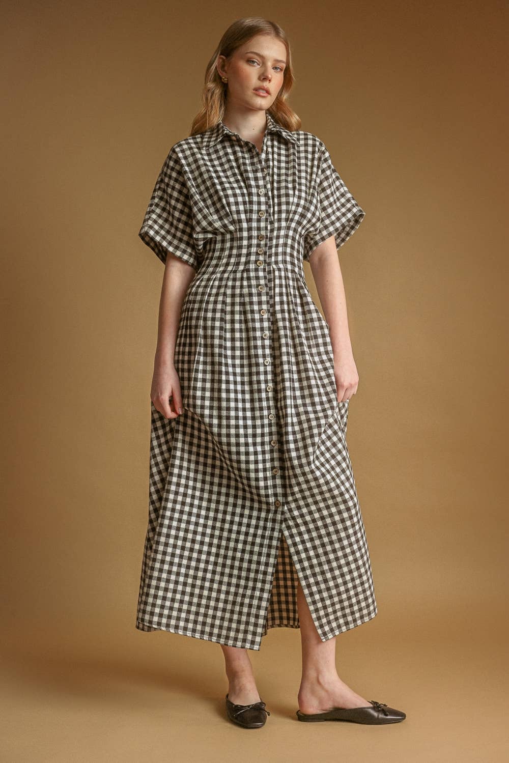 Gingham Pattern Button Down Shirt Kleid
