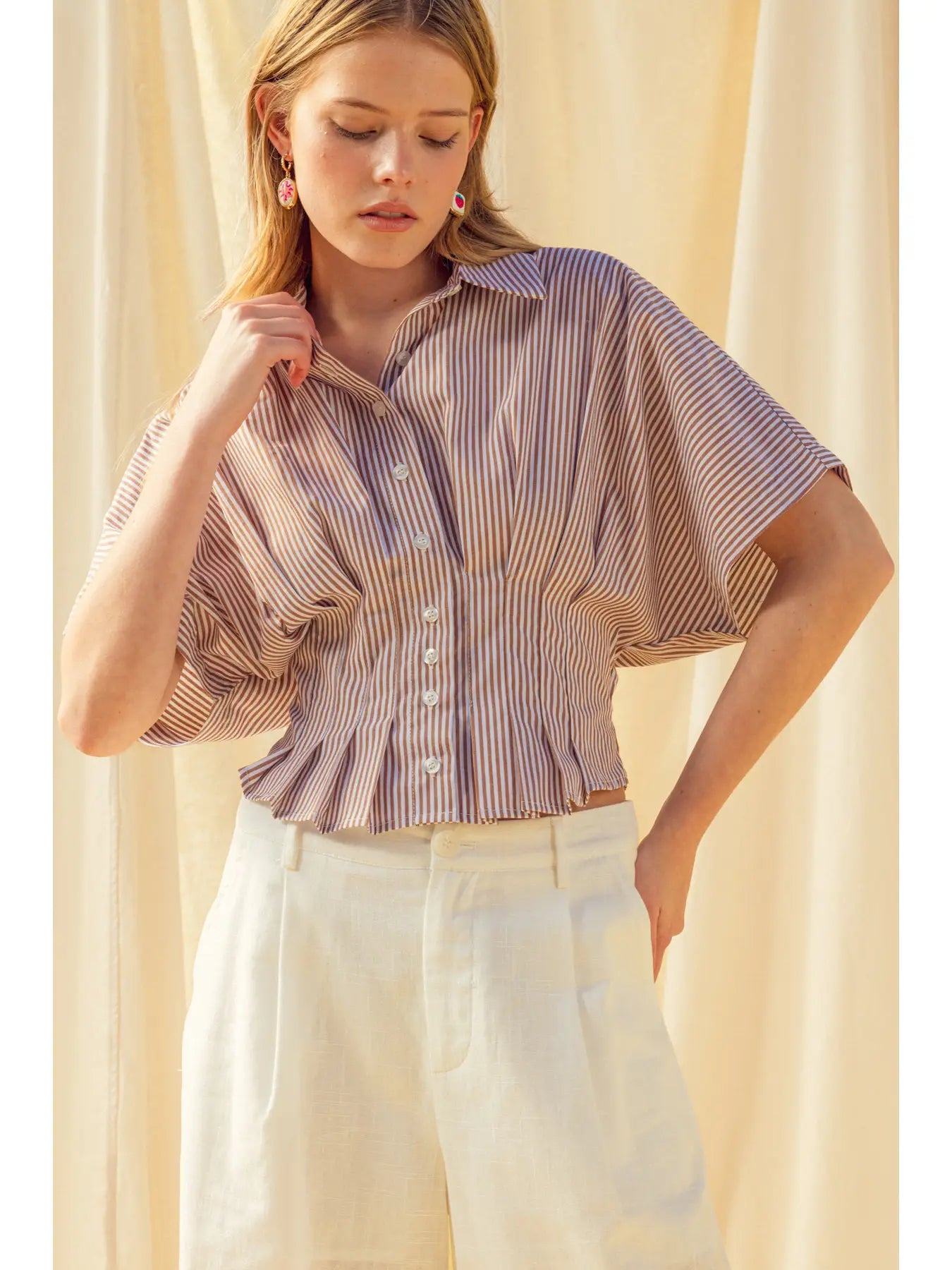 Stripe Button Front Shirt mit Pleated Taille Detail