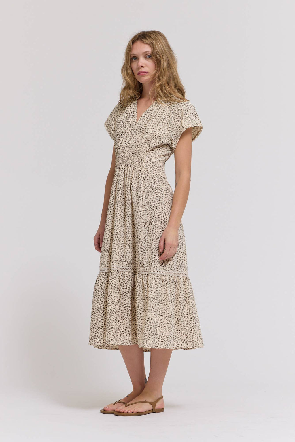 Scallop Baumwolle Trim Midi Kleid