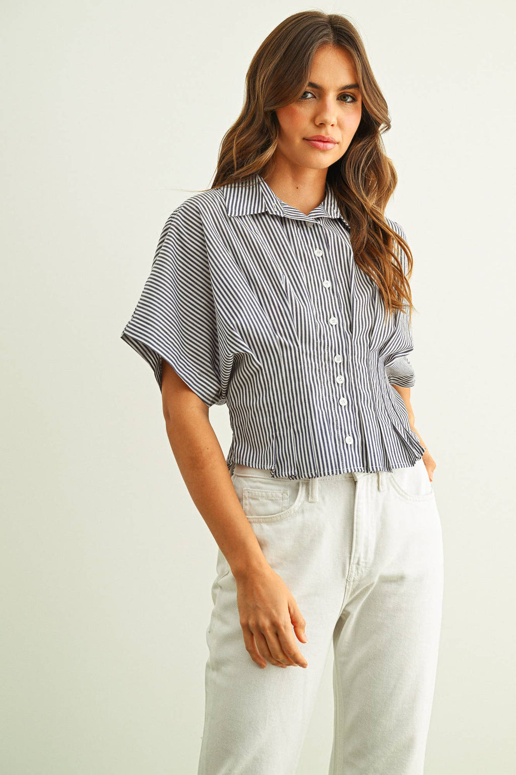 Stripe Button Front Shirt mit Pleated Taille Detail