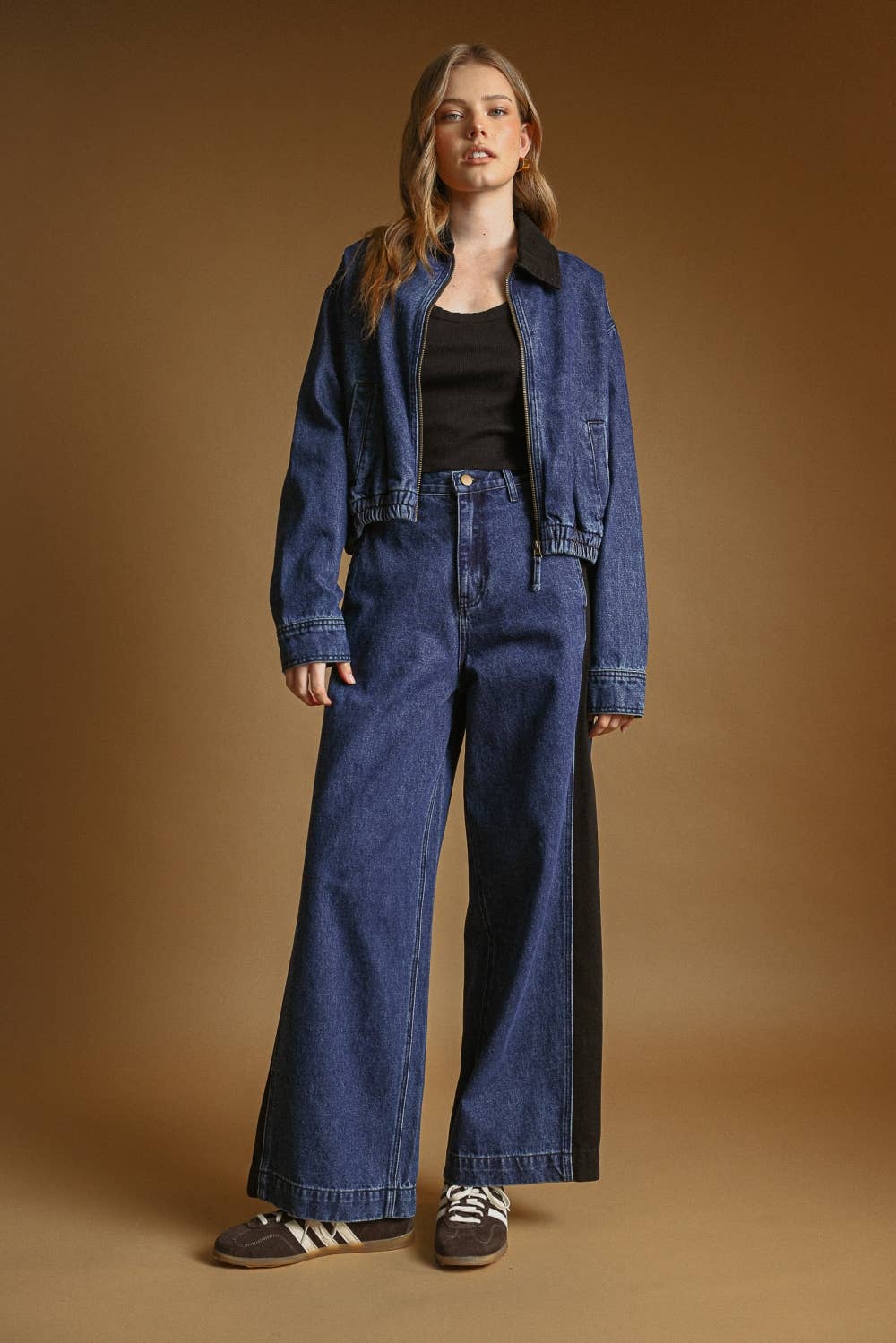 Kragenkontrast Zipper Front Bomber Denim Jacke