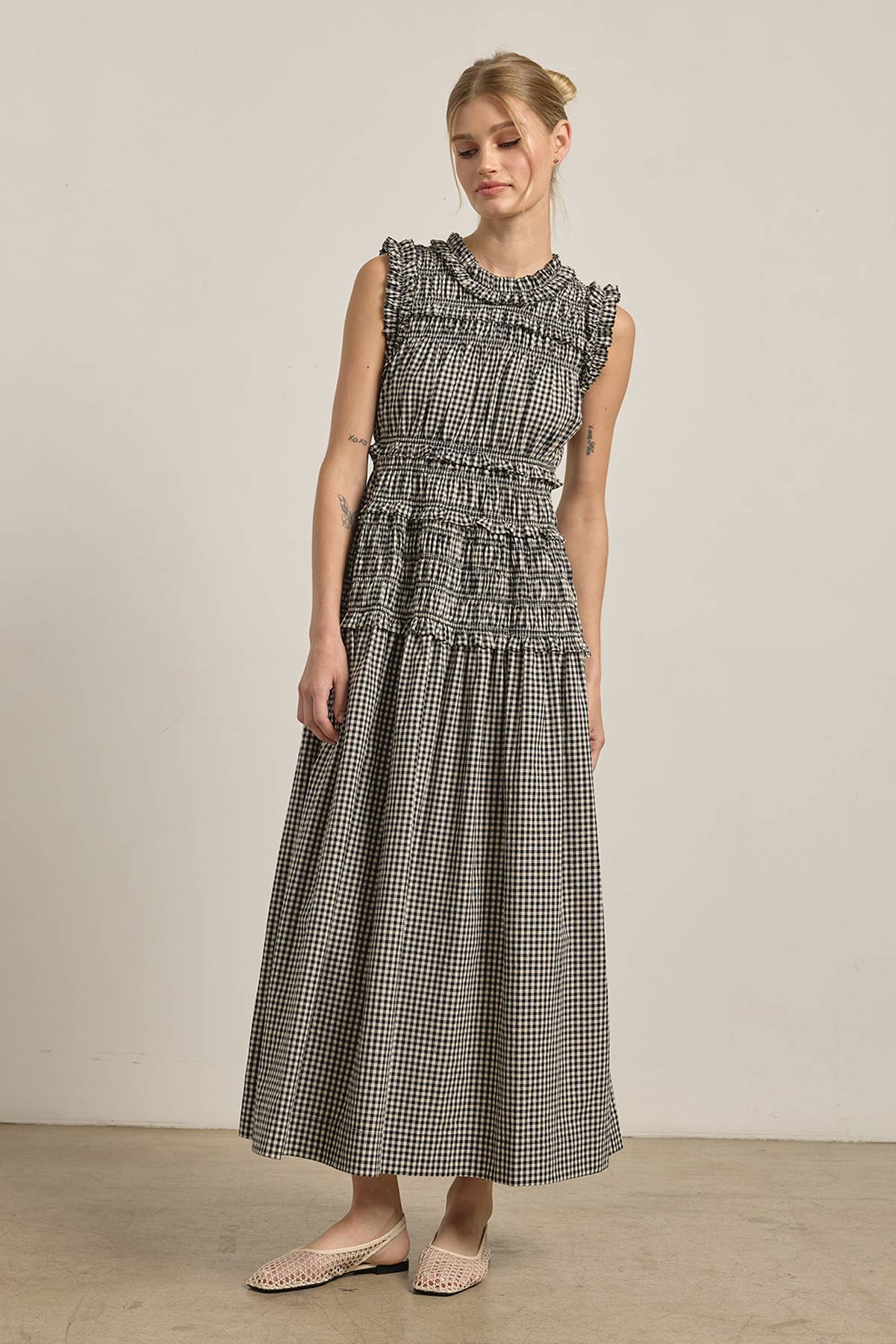Geschmocktes Gingham Maxi Kleid