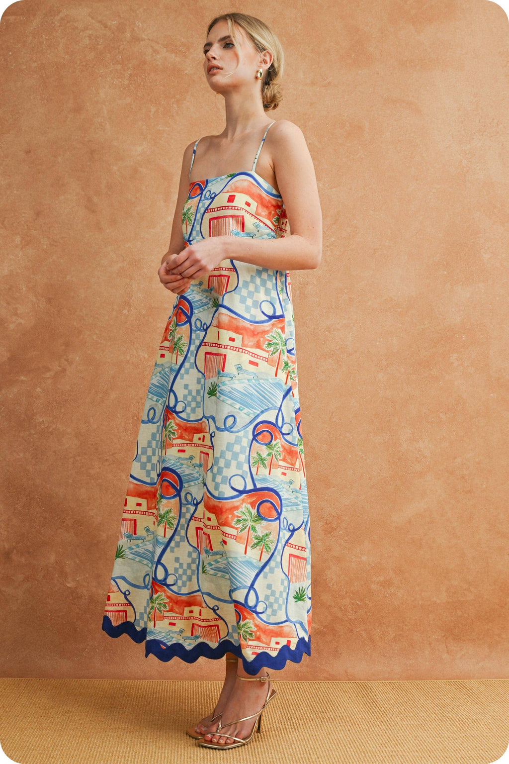 Riviera Dream Scalloped Ärmellos Midi Kleid