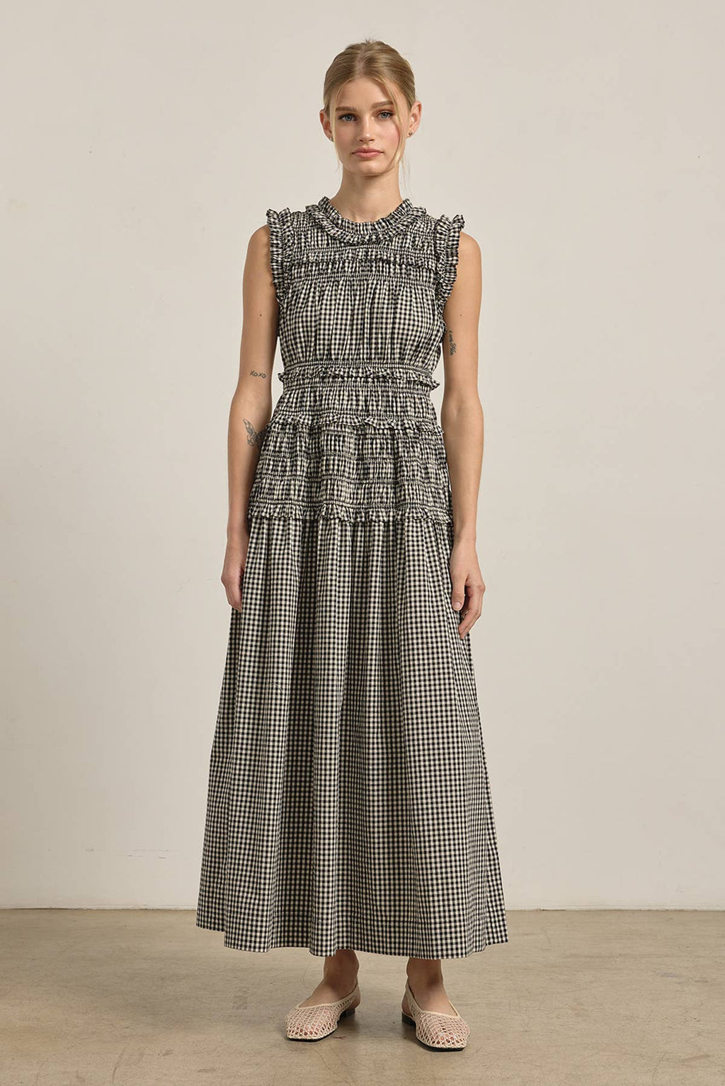 Geschmocktes Gingham Maxi Kleid