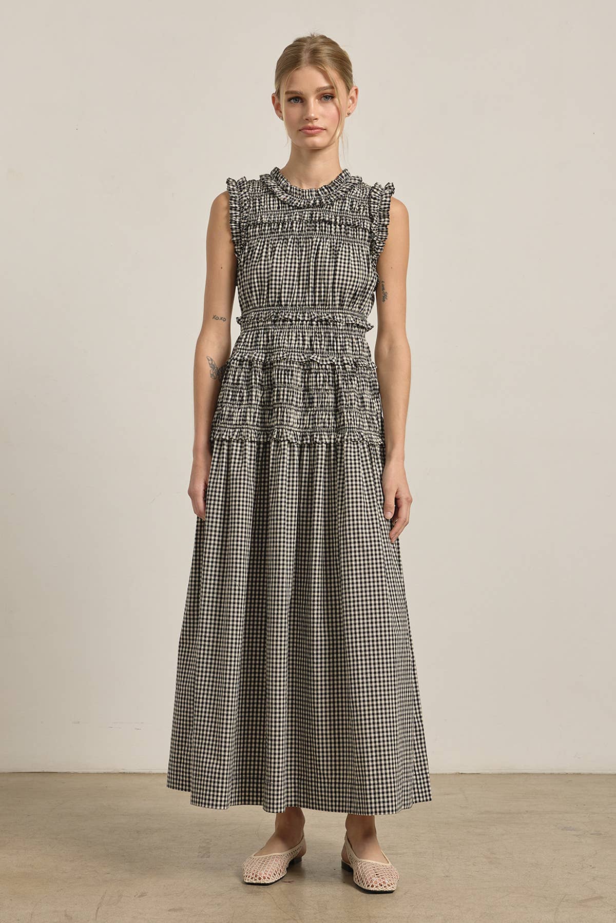 Geschmocktes Gingham Maxi Kleid