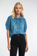 Tie Neck Denim Blouse