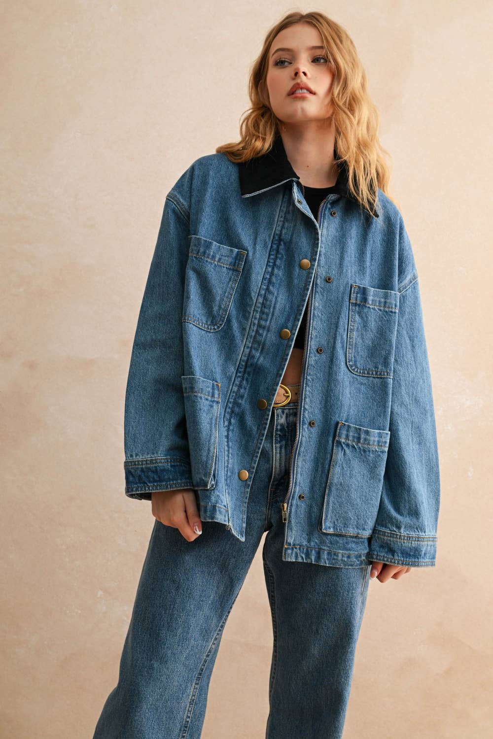Corduroy Collar Denim Utility Jacke
