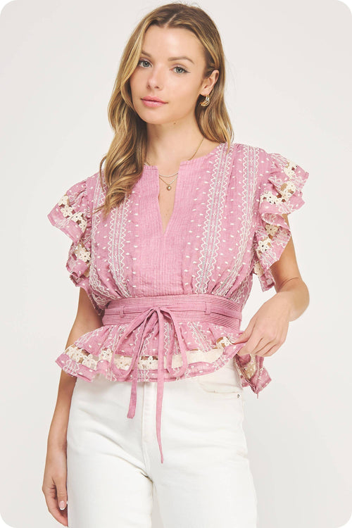 Bestickte Flutter Sleeves Lace Trim Detail Top