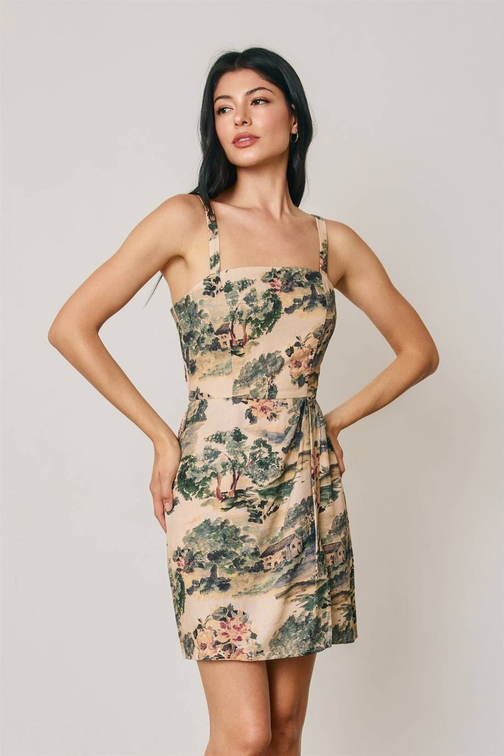 Toile Print Square Neck Mini-Kleid