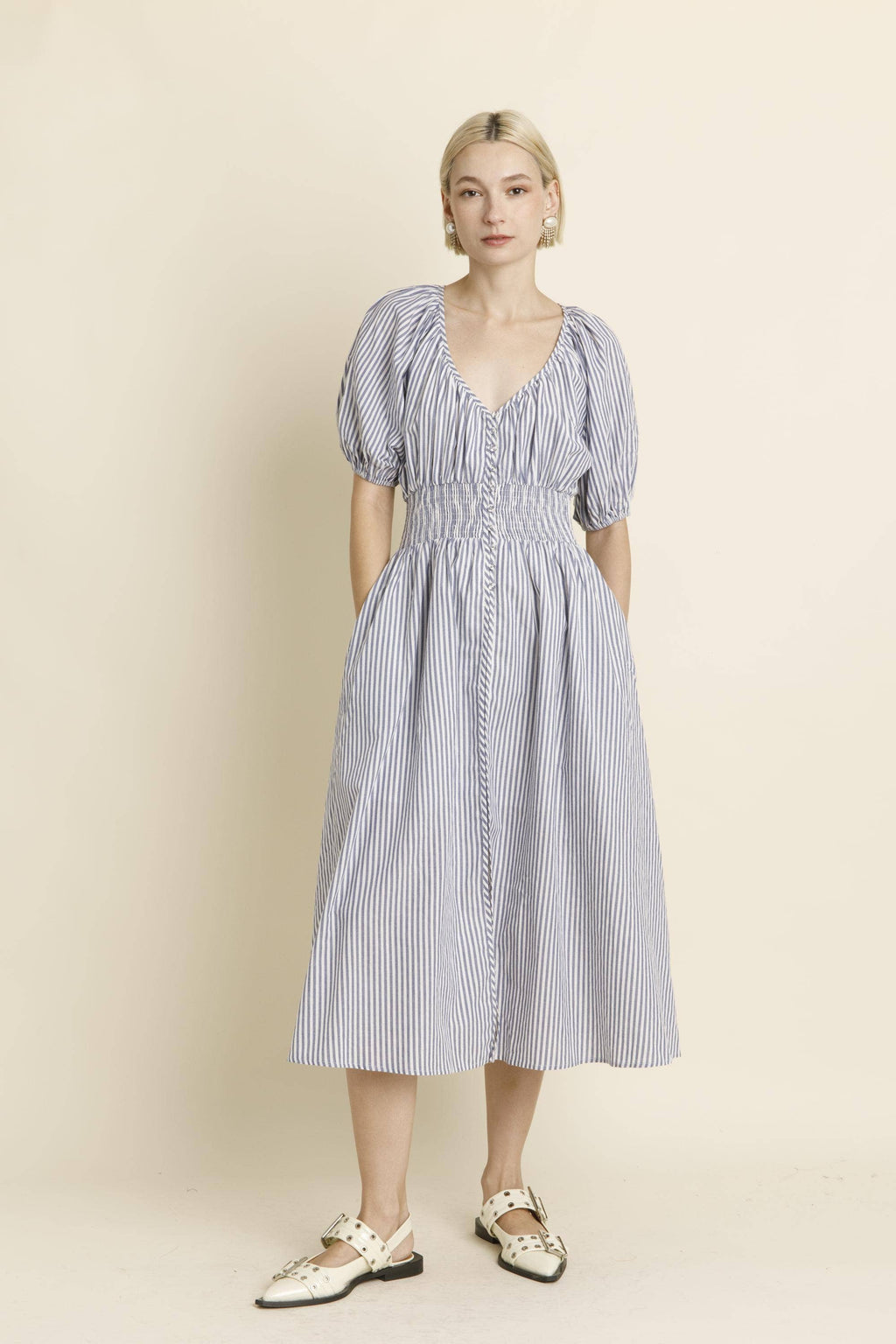 Striped Button Down Midi Kleid