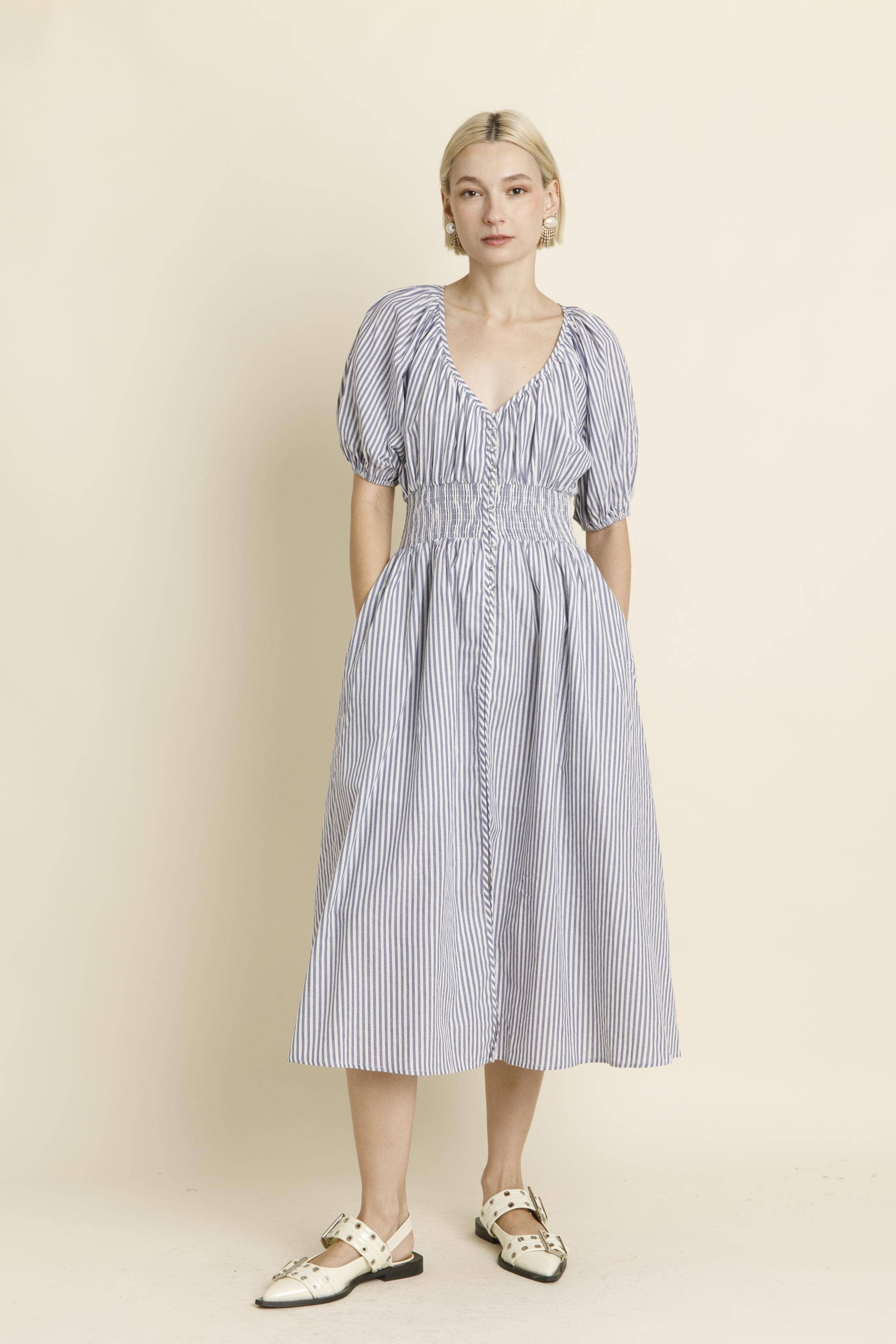Striped Button Down Midi Kleid