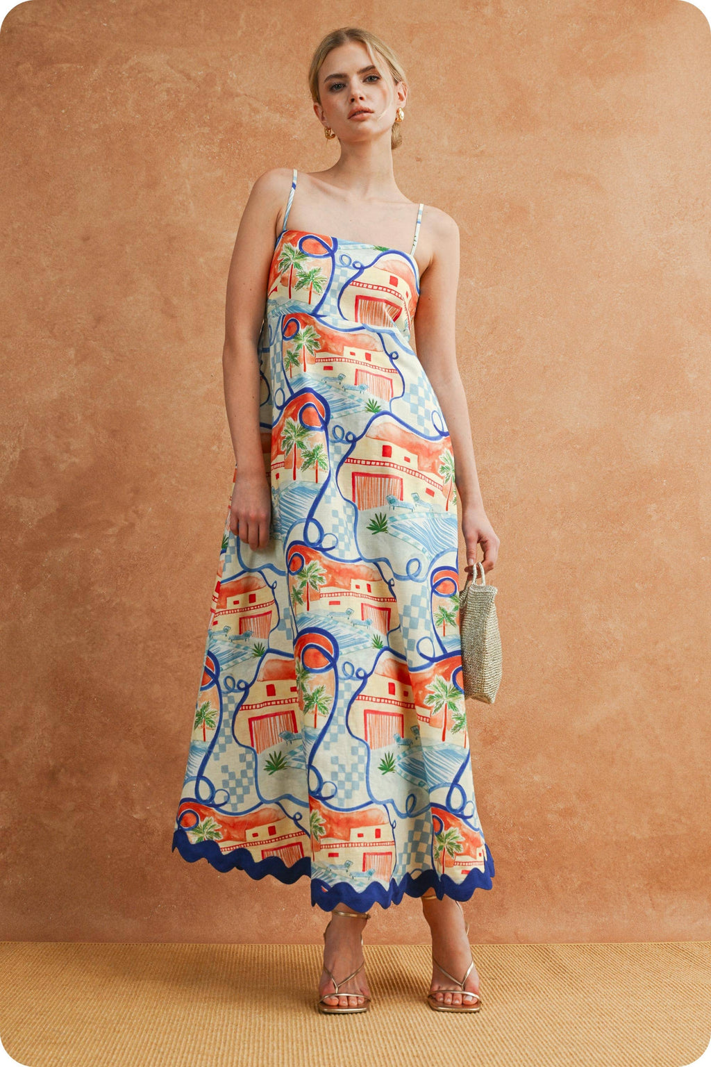 Riviera Dream Scalloped Ärmellos Midi Kleid