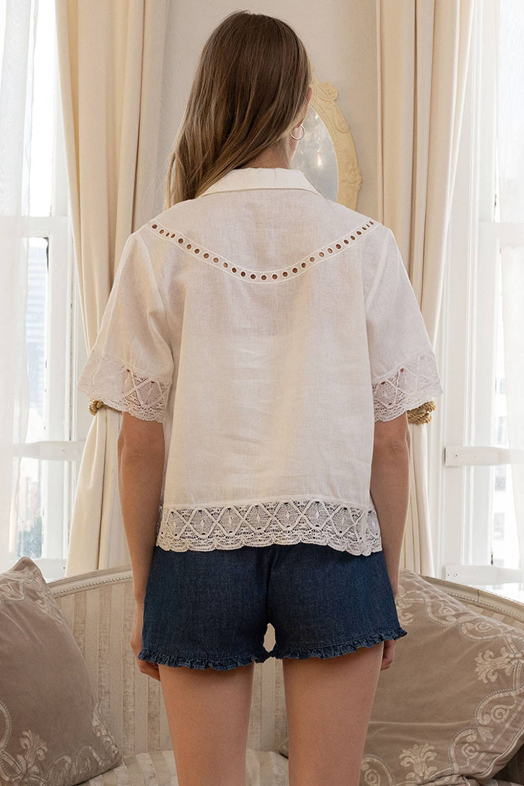 Bestickte Lace Trim Button Blouse