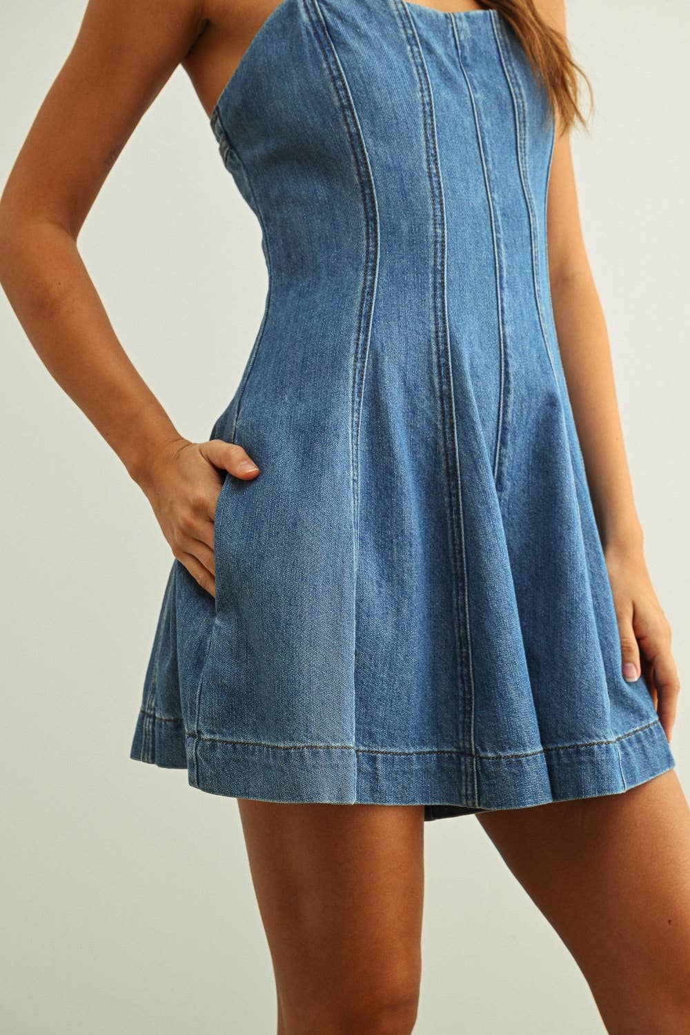 Paneled Washed Denim Romper
