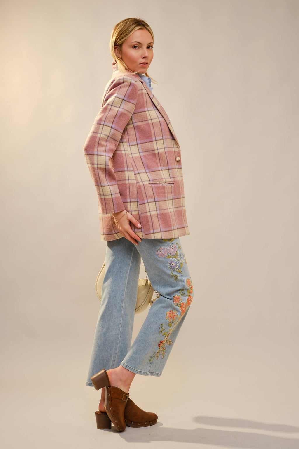 Plaid Perle Button Blazer