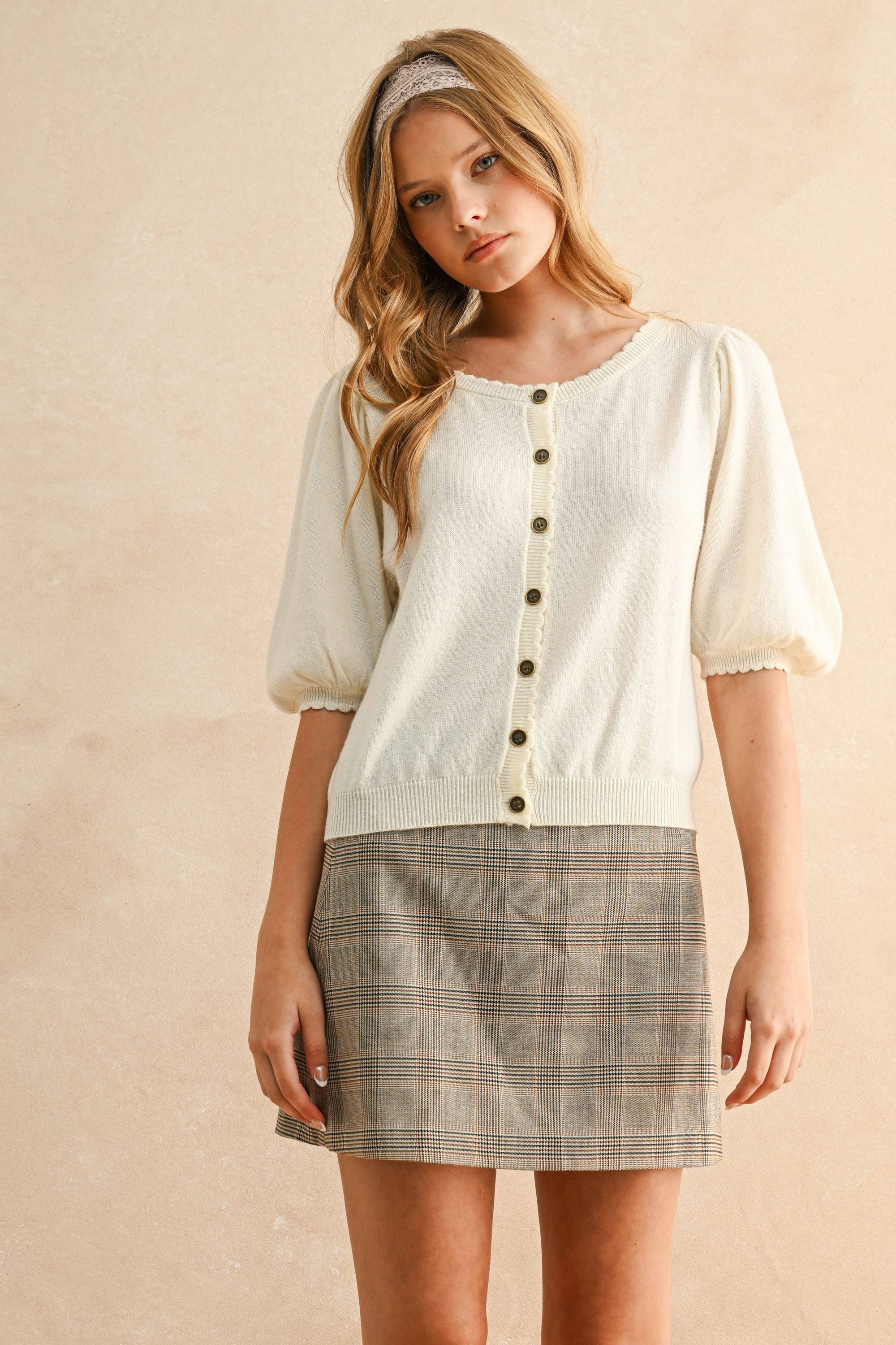 Puff Kurzarm Button Down Strick Cardigan
