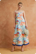 Riviera Dream Scalloped Ärmellos Midi Kleid