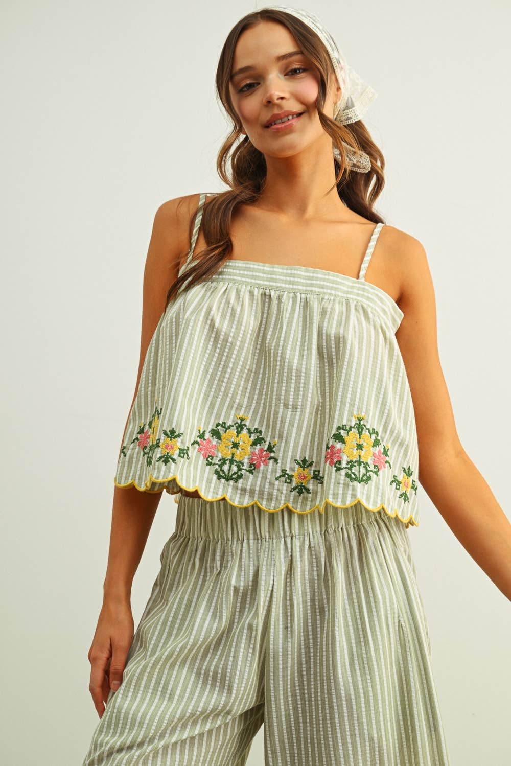 Blumen Stickerei gestreift Top