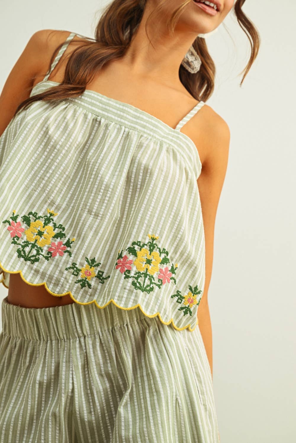 Blumen Stickerei gestreift Top
