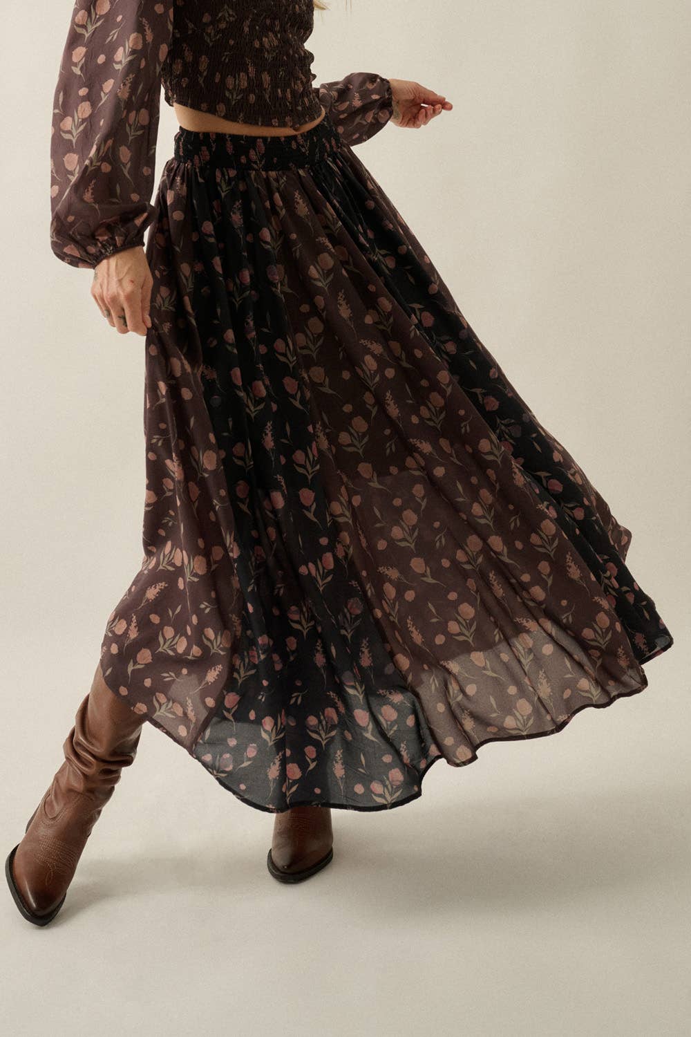 Blumen-Print gewebt Elastic-Waist Gathered Maxi Rock
