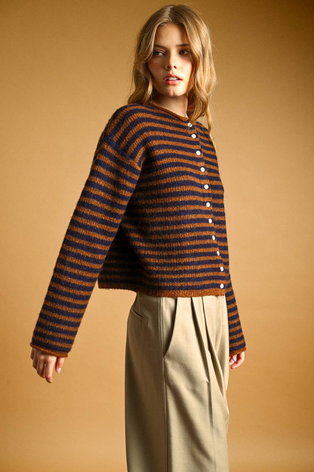 Striped Button Front Pullover Cardigan