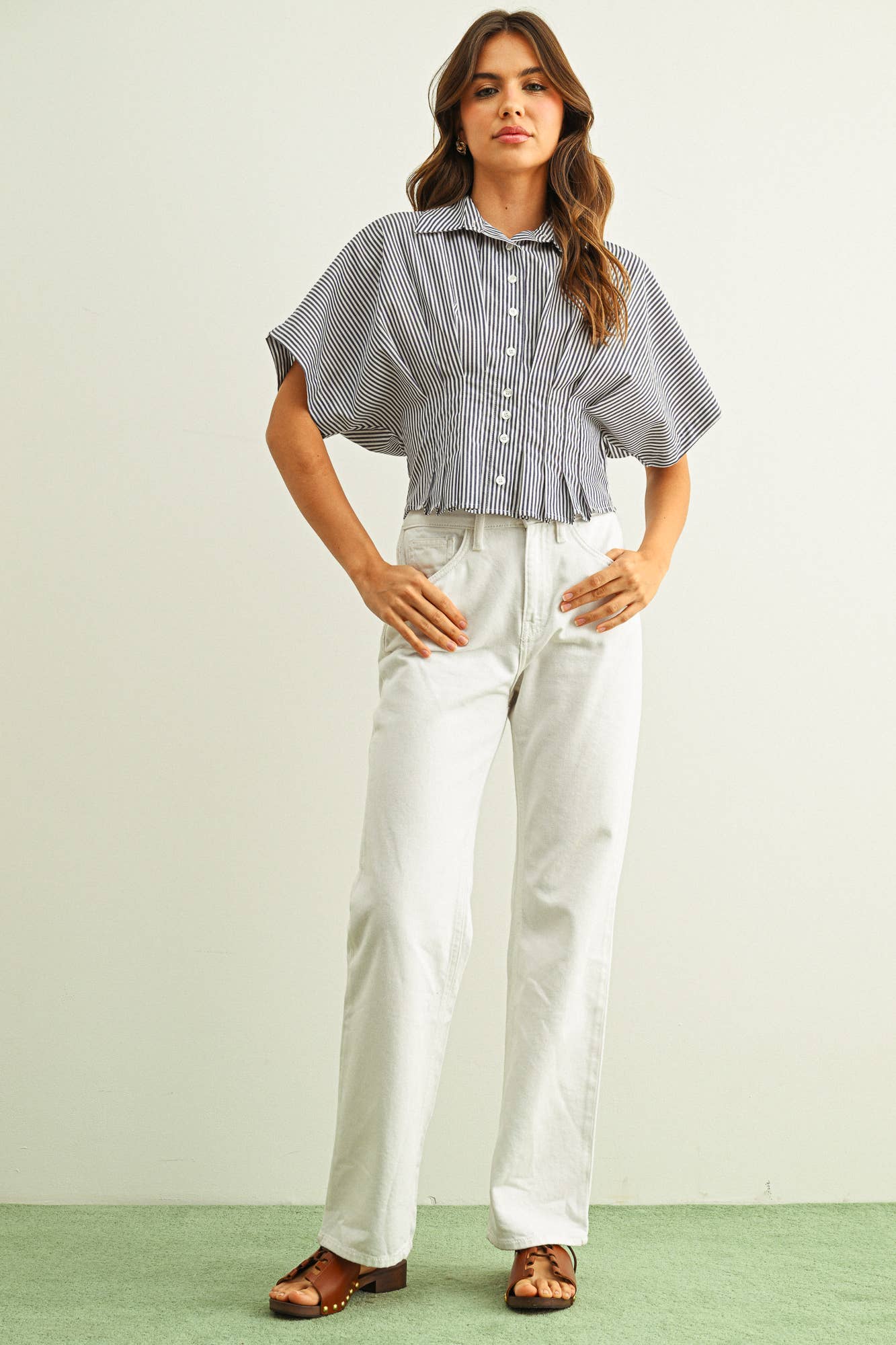 Stripe Button Front Shirt mit Pleated Taille Detail