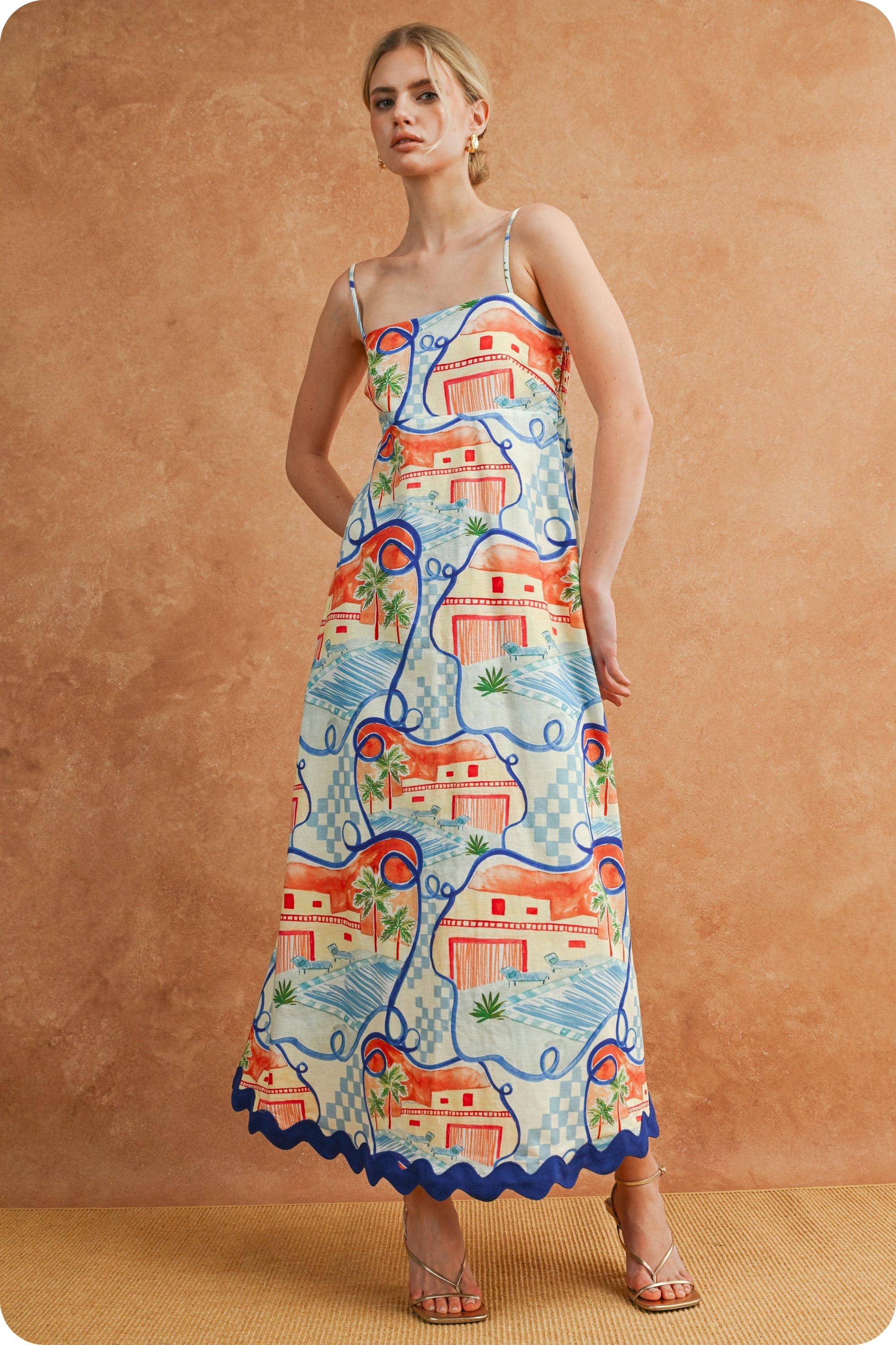 Riviera Dream Scalloped Ärmellos Midi Kleid