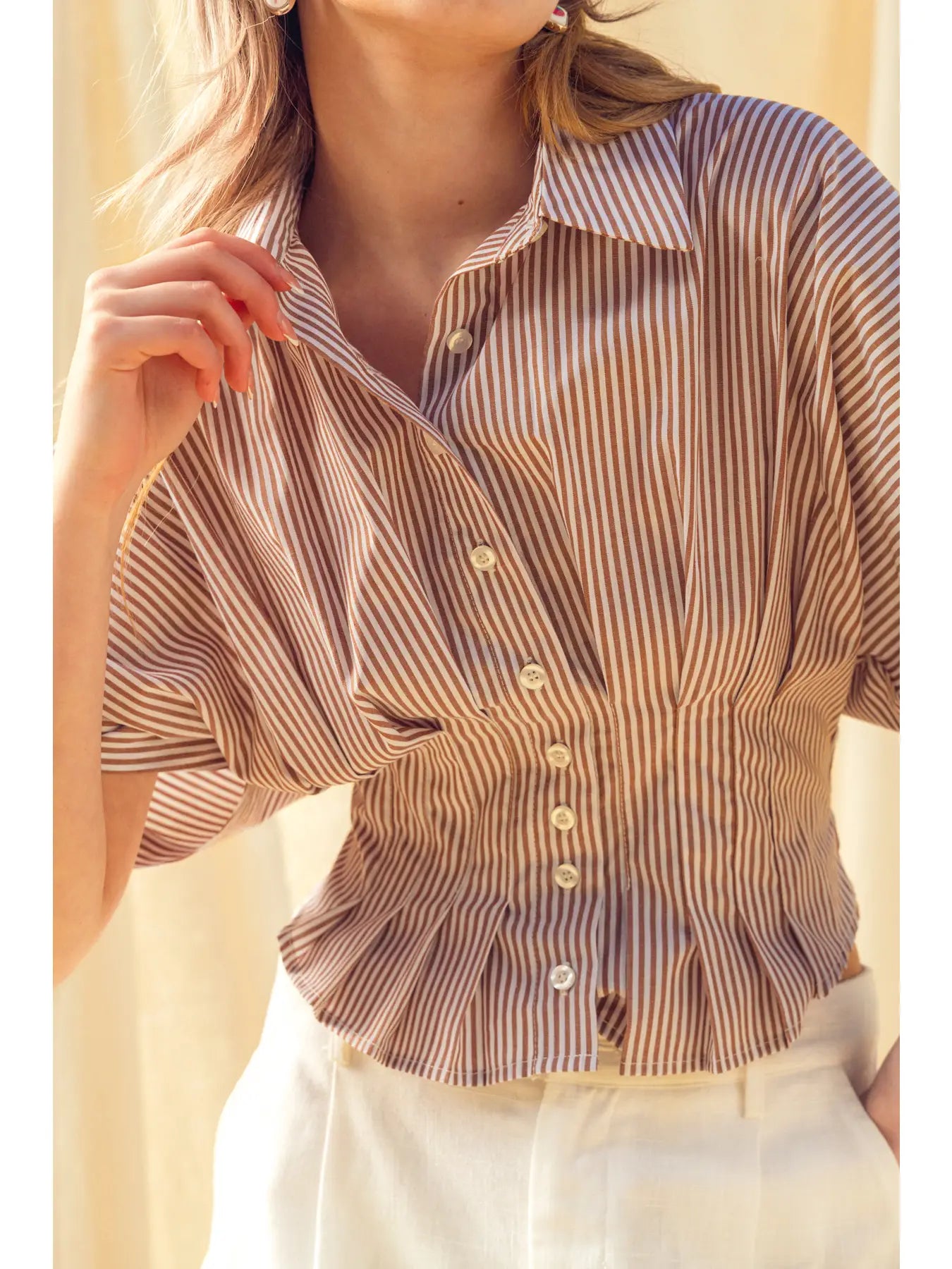 Stripe Button Front Shirt mit Pleated Taille Detail