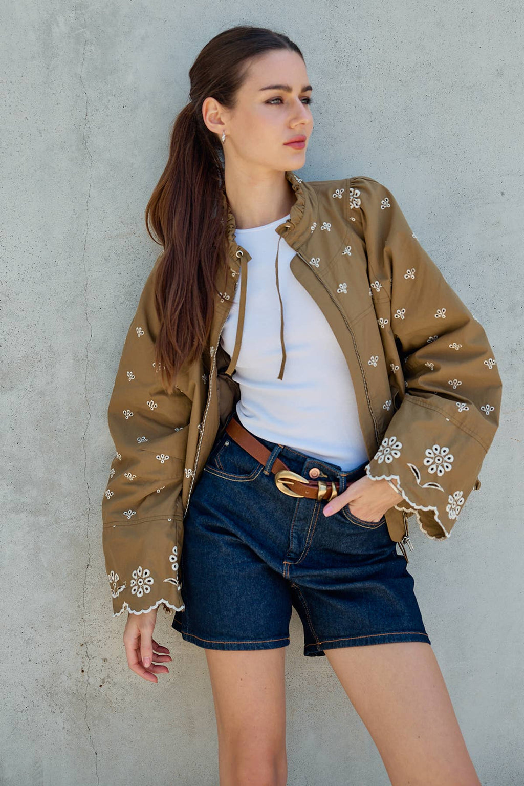 Bestickte Detail Zip-Up Jacke