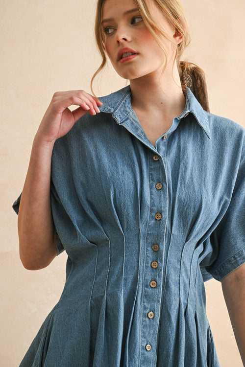 Chambray Denim Knopffront mit Pleat Detail Kleid