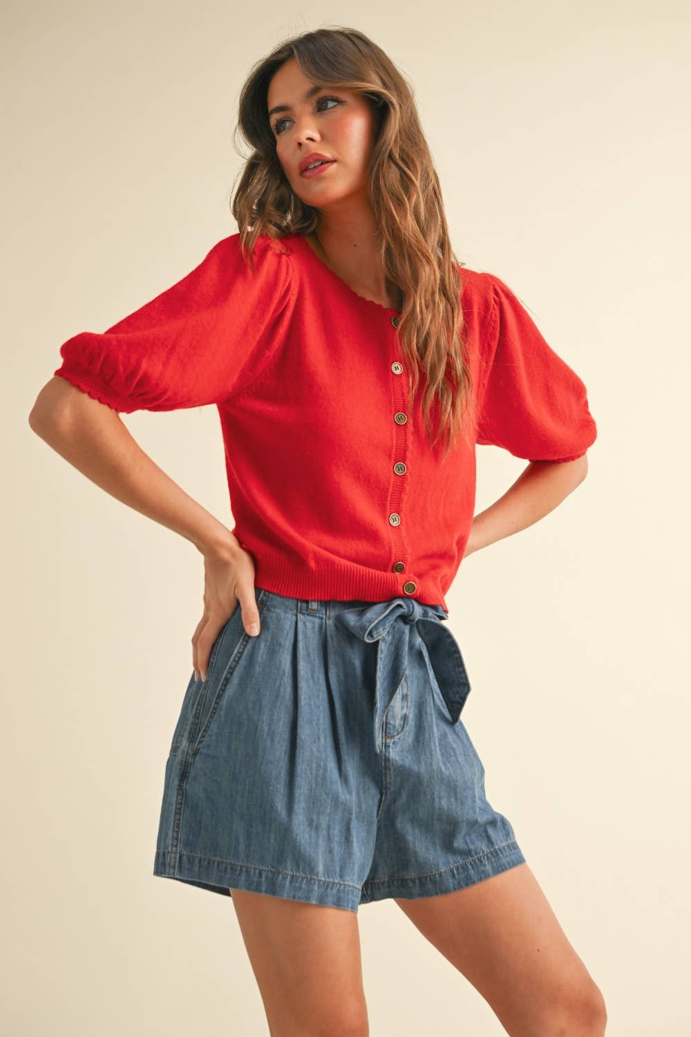 Puff Kurzarm Button Down Strick Cardigan